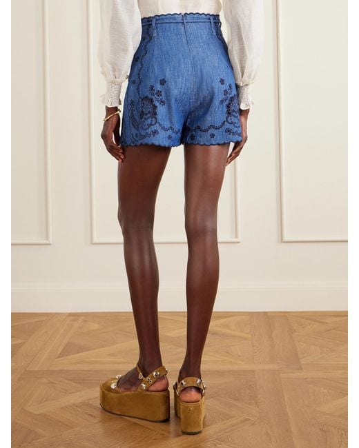 Zimmermann Blue Aster Scalloped Embroidered Denim Shorts