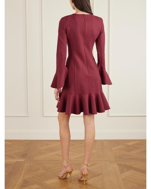 Oscar de la Renta Red Asymmetric Ruffled Wool-Blend Crepe Midi Dress