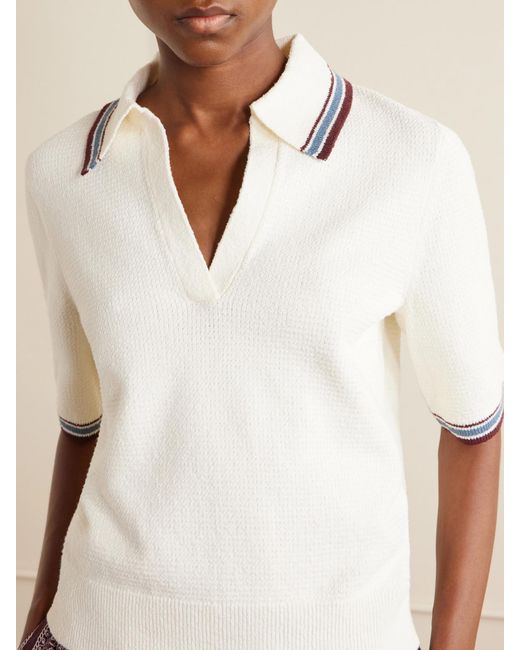 Veronica Beard Natural Quinelle Striped Cotton-Blend Polo Shirt