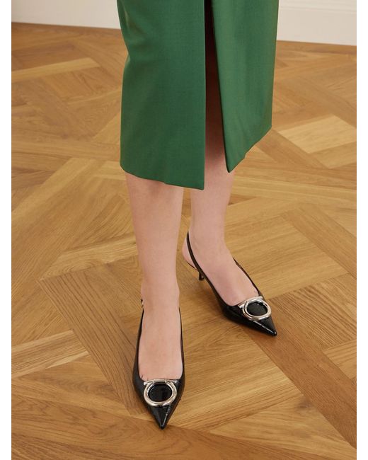 Ferragamo Natural Sara 40 Embellished Croc-Effect Leather Slingback Pumps