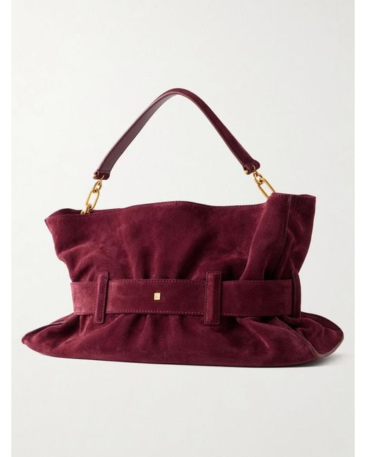 Balmain Red Anthem Buckled Suede Shoulder Bag
