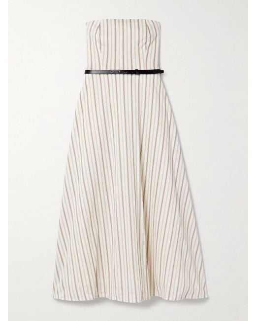 Max Mara Fervida Belted Strapless Striped Cotton And Linen