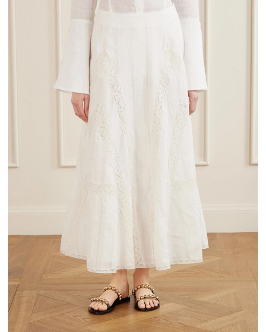 Loretta Caponi White Vieste Lace-Trimmed Cotton-Muslin Maxi Skirt