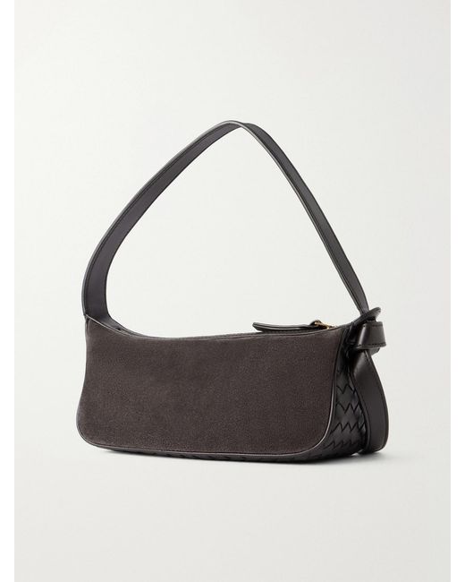 Bottega Veneta Black Nodo Intrecciato Leather-Trimmed Suede Shoulder Bag