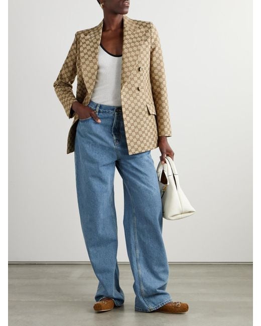 Gucci Natural Double-Breasted Cotton-Blend Canvas-Jacquard Blazer