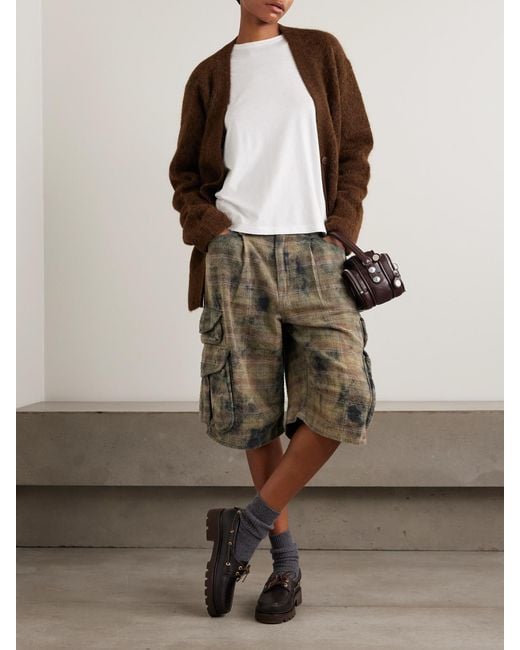 R13 Green Checked Distressed Cotton-Flannel Cargo Shorts