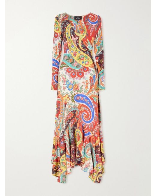 Etro White Ruffled Paisley-Print Jersey Maxi Dress
