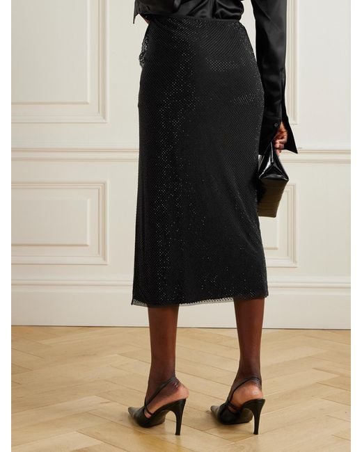 Self-Portrait Black Crystal-Embellished Lace-Trimmed Mesh Midi Skirt