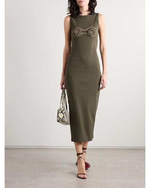 Magda Butrym Green Crochet-Trimmed Ribbed Cotton-Blend Jersey Midi Dress