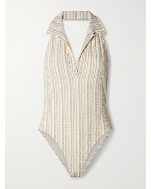 Lisa Marie Fernandez White Polo Striped Seersucker Halterneck Swimsuit