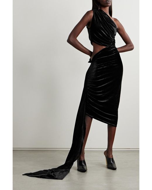 Rick Owens Black Ophelia One-Shoulder Cutout Draped Velvet Mini Dress