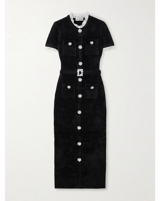 Self-Portrait Black Crystal-Embellished Lace-Trimmed Chenille Midi Dress