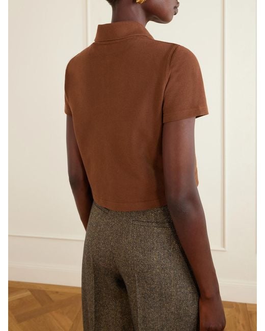 Saint Laurent Brown Cassandre-Embroidered Cropped Cotton-Piqué Polo Shirt