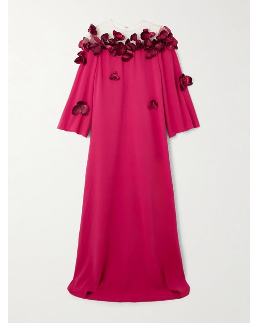 Robe Du Soir En Georgette De Soie Mélangée À Finitions En Tulle Et À Appliqués Illusion Oscar de la Renta en coloris Pink