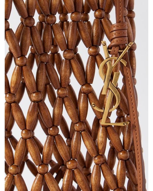 Saint Laurent White Leather-Trimmed Beaded Wood Tote