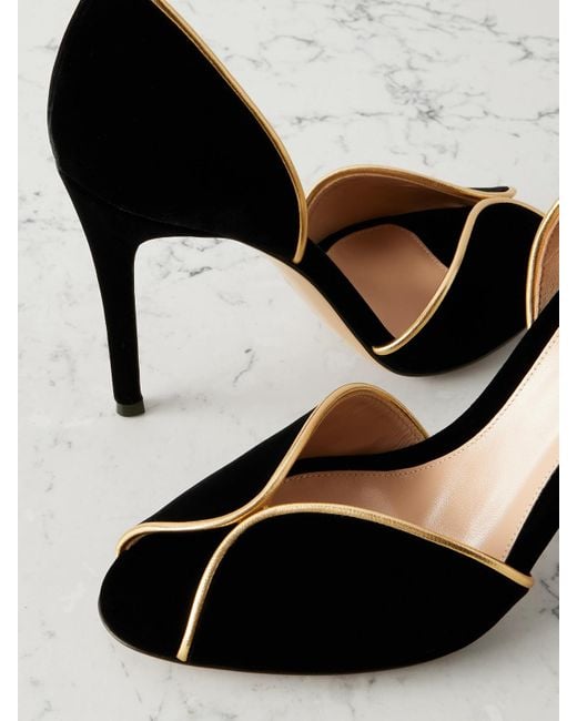 Gianvito Rossi Black 95 Metallic Leather-Trimmed Velvet Pumps