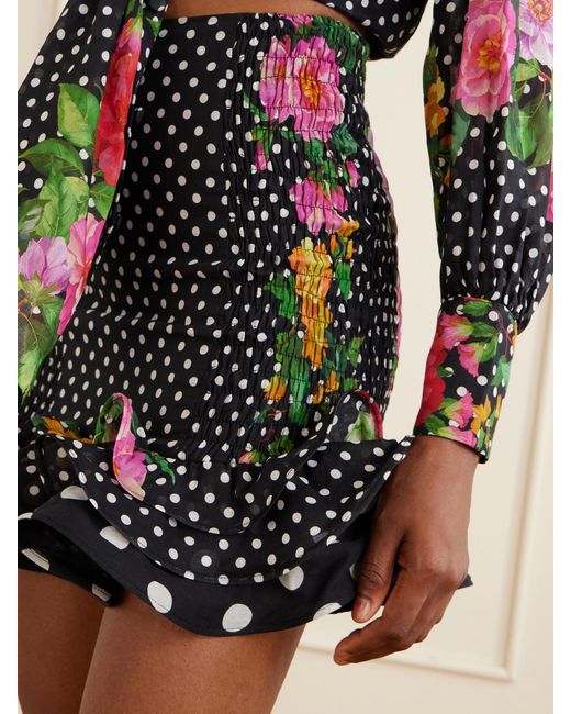 Charo Ruiz Black Alameda Shirred Ruffled Floral-Print Polka-Dot Cotton-Blend Mini Skirt