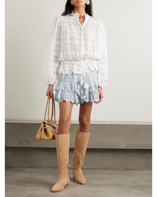 Isabel Marant Blue Jocadia Shorts Aus Biobaumwoll-Voile Mit Lochstickerei Und Spitzeneinsatz