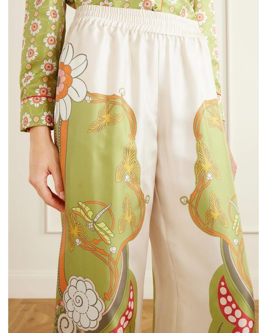 LaDoubleJ White Palazzo Floral-Print Silk-Twill Wide-Leg Pants