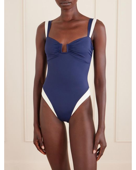 Away That Day Blue Cannes Two-Tone Gathered Recycled Stretch Swimsuit