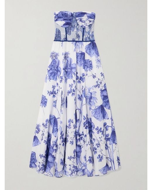 Charo Ruiz Blue Kolay Strapless Smocked Floral-Print Cotton-Blend Maxi Dress