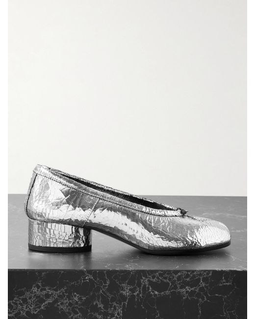 Maison Margiela Gray Tabi Ballerina Split-Toe Metallic Cracked-Leather Pumps