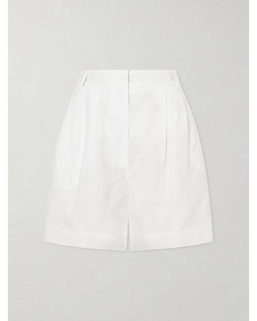 Violante Nessi White Sherman Belted Pleated Linen Shorts
