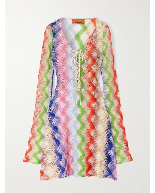 Missoni White Mare Lace-Up Metallic Crochet-Knit Mini Dress