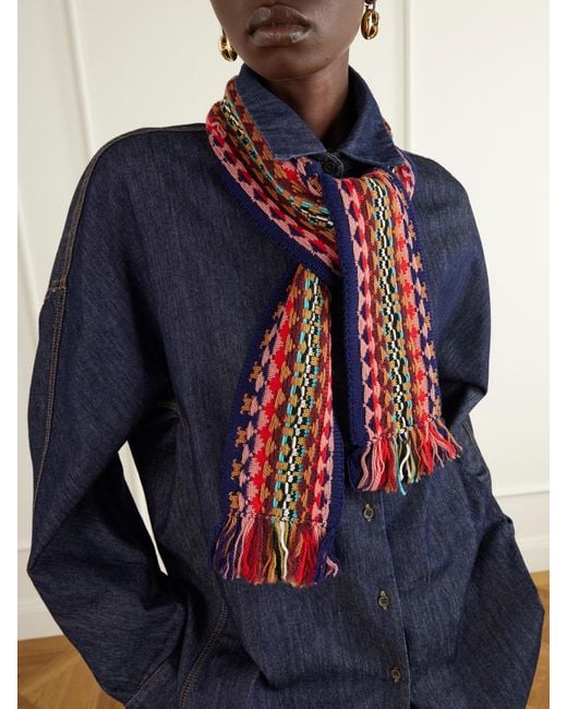 Dries Van Noten Red Fringed Intrasia-Knit Wool Scarf