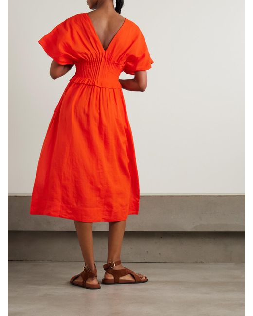 Sea Red Zora Pleated Ramie Midi Dress