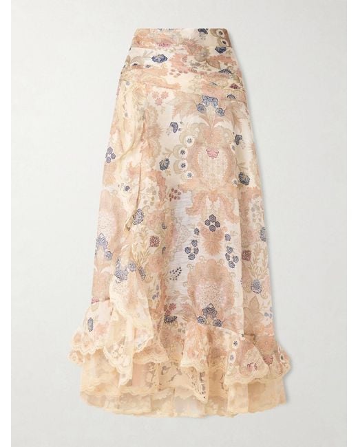 Zimmermann Natural Rebellion Lace-Trimmed Floral-Print Linen And Silk-Blend Maxi Skirt