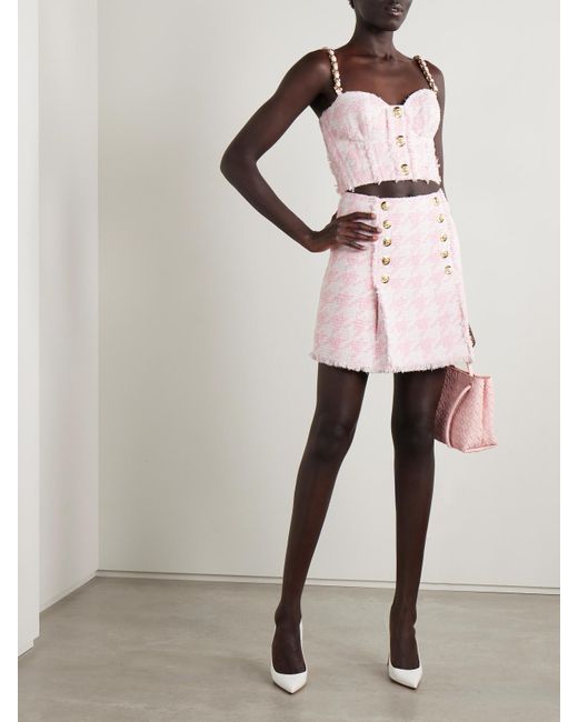 Balmain Pink Button-Embellished Pleated Checked Cotton-Blend Tweed Mini Skirt