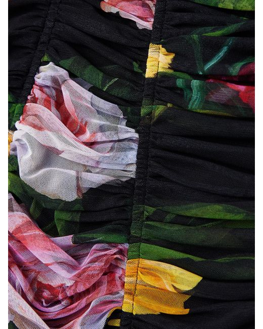 Dolce & Gabbana White Paneled Ruched Floral-Print Tulle Dress