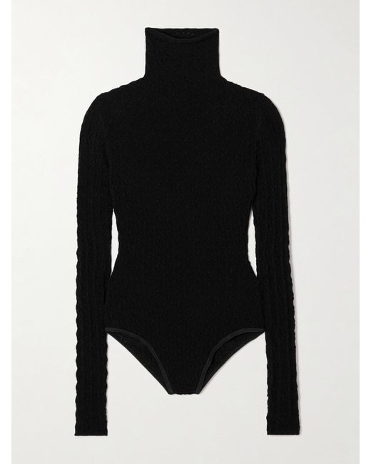 Alaïa Black Open-Knit Turtleneck Bodysuit