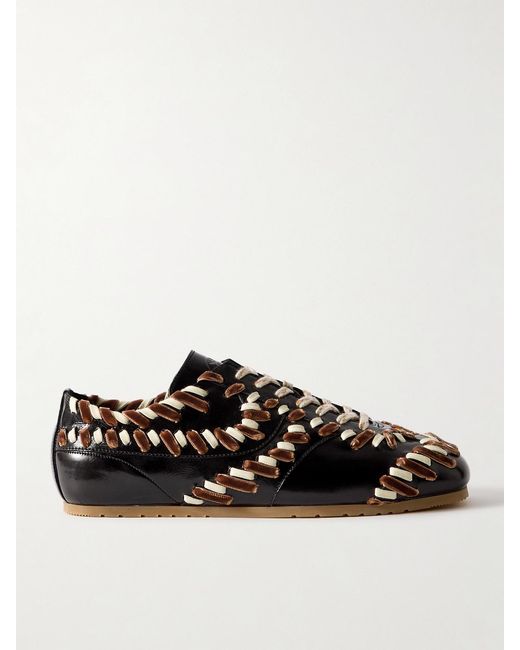 Dries Van Noten Black Cord And Velvet-Trimmed Glossed-Leather Sneakers