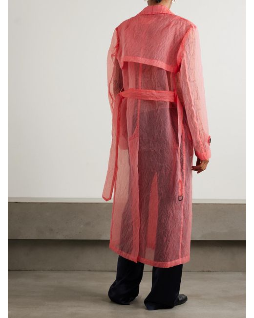 Dries Van Noten Pink Belted Double-Breasted Crinkled-Organza Trench Coat