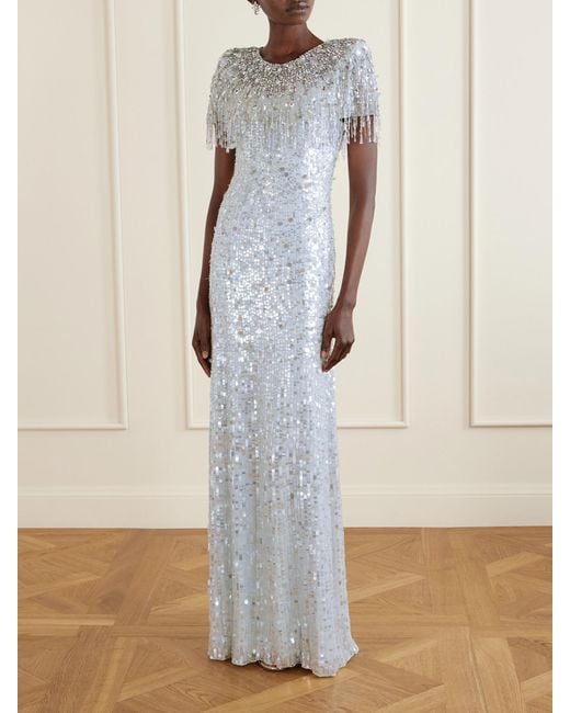 Jenny Packham White Eugene Crystal-Embellished Sequined Chiffon Gown