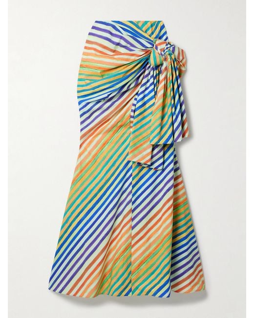 Christopher John Rogers Blue Crayon Knotted Striped Cotton-Poplin Maxi Skirt