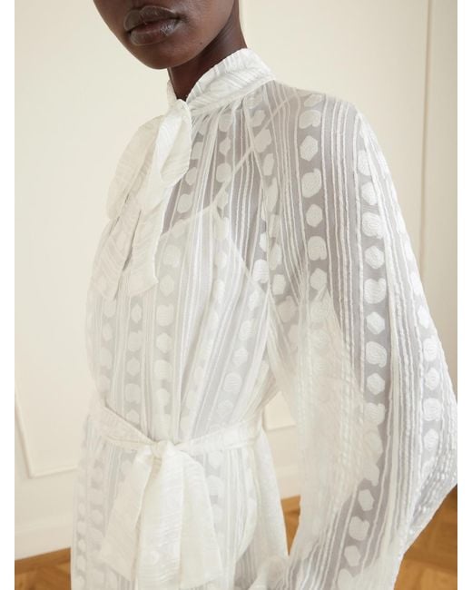 Etro White Pussy-Bow Belted Tiered Jacquard Silk-Chiffon Midi Dress
