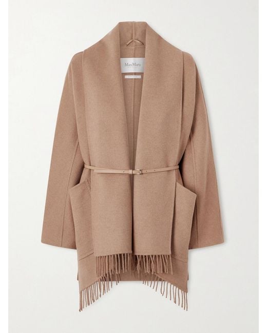 Max Mara Natural Belted Fringed Camel Hair Coat