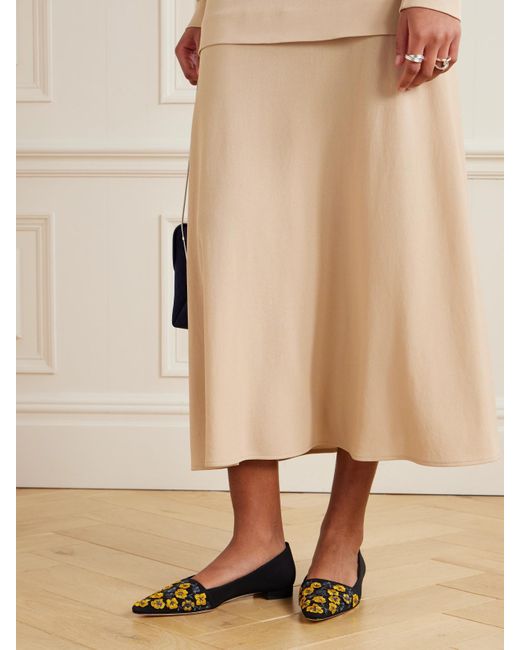Manolo Blahnik White Safiye Embroidered Crepe De Chine Point-Toe Flats