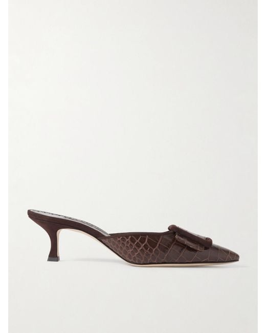 Manolo Blahnik Natural Maysalebi 50 Suede-Trimmed Croc-Effect Leather Mules