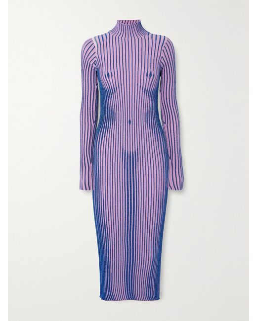 Jean Paul Gaultier Purple Trompe L'oeil Slim-fit Wool Knitted Maxi Dress