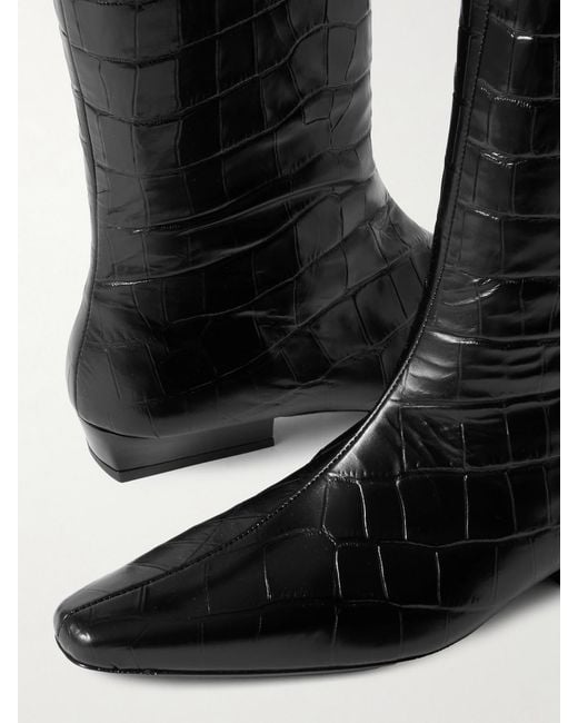 Staud Black Wally Croc-Effect Leather Knee Boots
