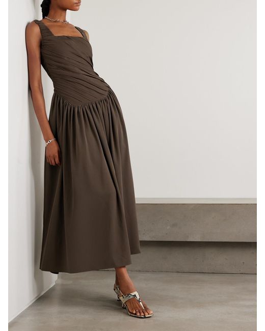 Abadia Brown Kaia Ruched Gathered Chiffon And Twill Midi Dress