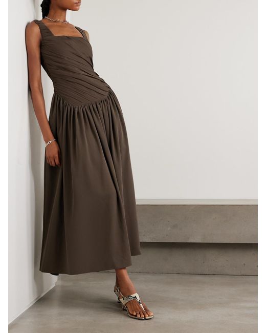 Abadia Brown Kaia Midikleid Aus Twill Und Chiffon Mit Raffungen