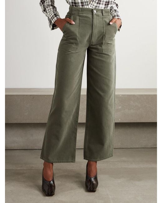 Anine Bing Green Grayson Cropped Cotton-Canvas Wide-Leg Pants