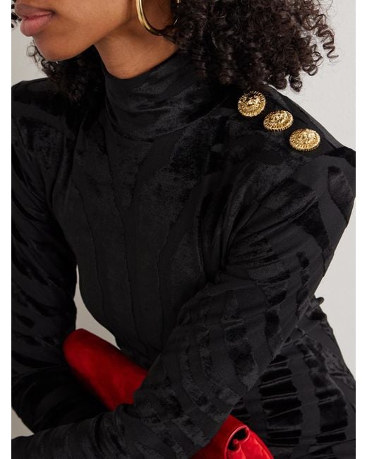 Balmain Black Button-Embellished Devoré-Velvet Midi Dress