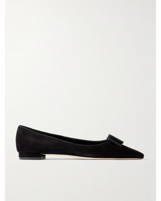 Manolo Blahnik Black Reador 10 Bow-Detailed Suede Point-Toe Flats