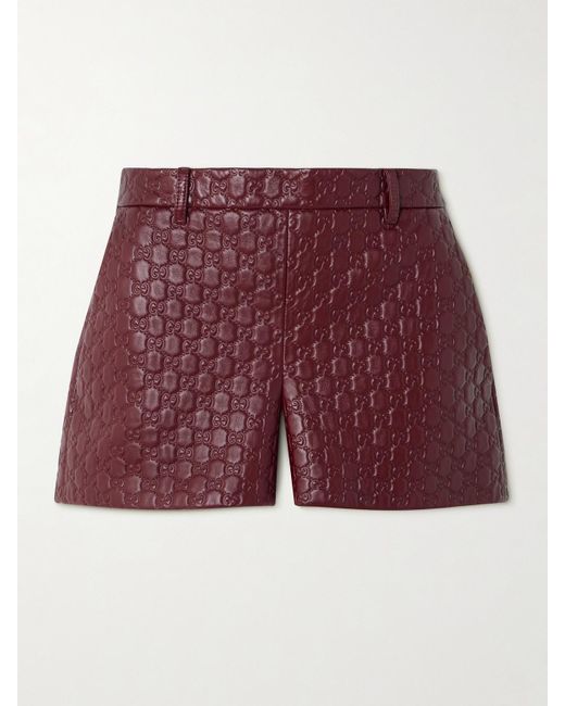 Gucci Red Logo-Debossed Leather Shorts